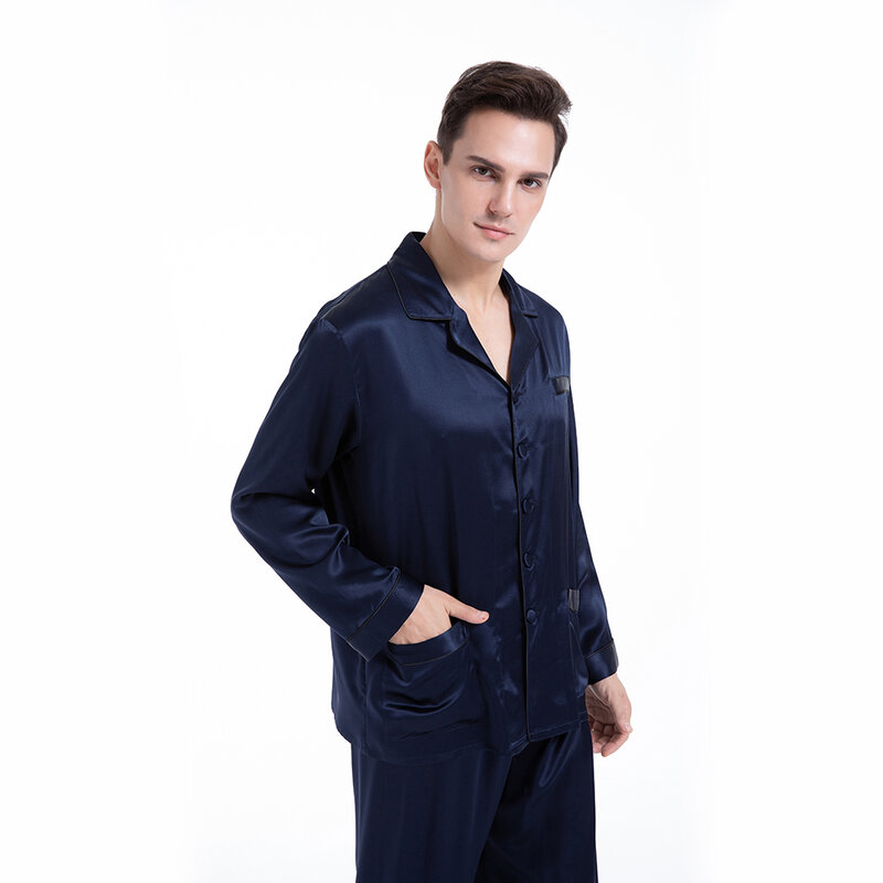 Pria Klasik 100% Sutra Asli 19 Momme Lengan Panjang Santai Lembut Nyaman Piyama Set Pakaian Tidur Piyama untuk Pria