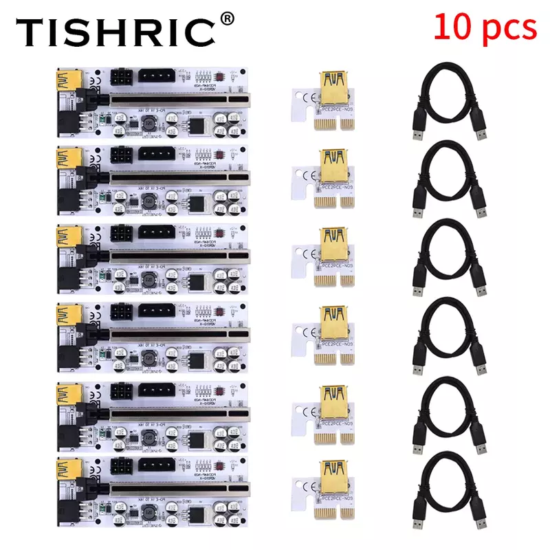 10pcs TISHRIC GPU PCIE/PCI-E Riser 009S 010 Plus card PCI E X16 PCI Express 6Pin to 1X USB3.0 LED Mining Riser for Video  Card