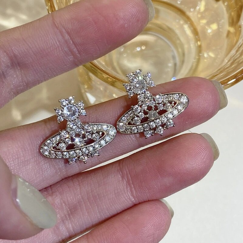 Korean Style Fashion Delicate Zircon Stud Earrings For Women Girl Luxury Saturn Earrings Simple Temperament Party Jewelry Gifts
