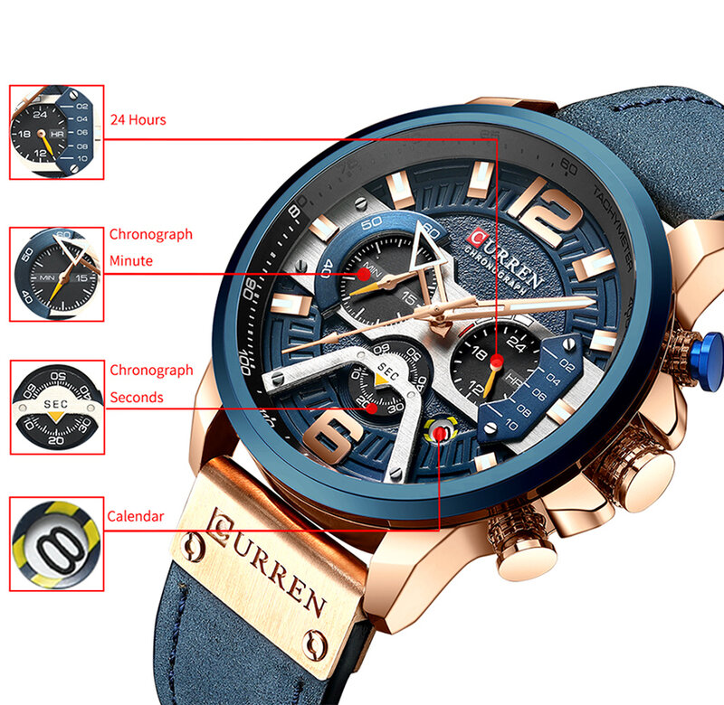 CURREN Watch for Mens Top Brand Luxury Fashion Chronograph Quartz Watches Military Sports Leather Wristwatch Relogio Masculino