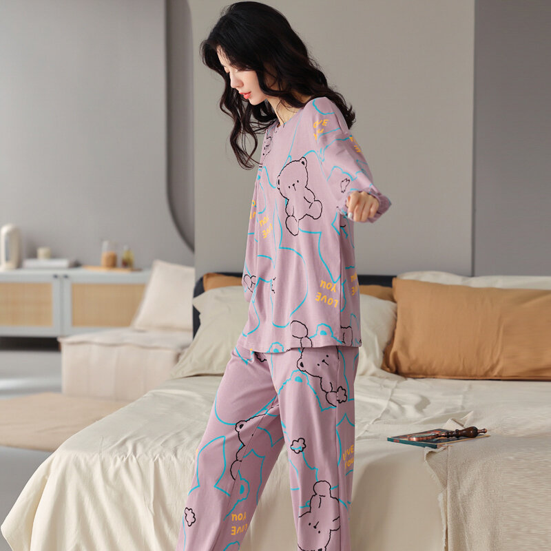 MiiOW น่ารักหมีผ้าฝ้ายกางเกงขายาวฤดูใบไม้ร่วงและ Winter Loungewear ชุดนอนผู้หญิง Homewear ชุด KY-8665