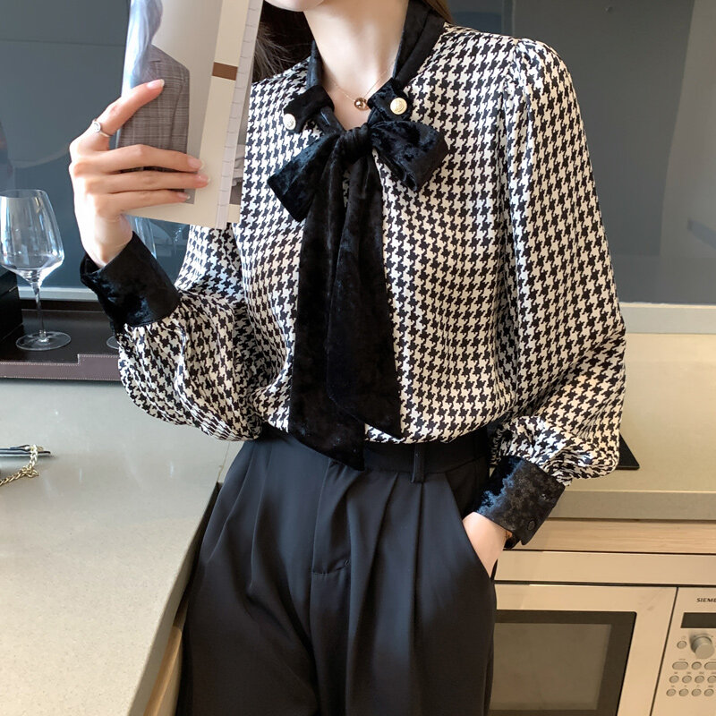 Primavera 2022 nova houndstooth impresso arco fita camisa de manga longa design feminino sentido nicho chiffon jaqueta 323-14