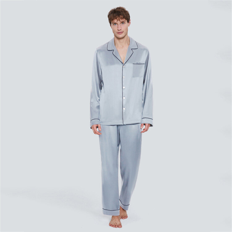 Alta qualidade de luxo atacado 100% verdadeiro verdadeiro puro seda amoreira pijama men conjunto duas peças com manga longa