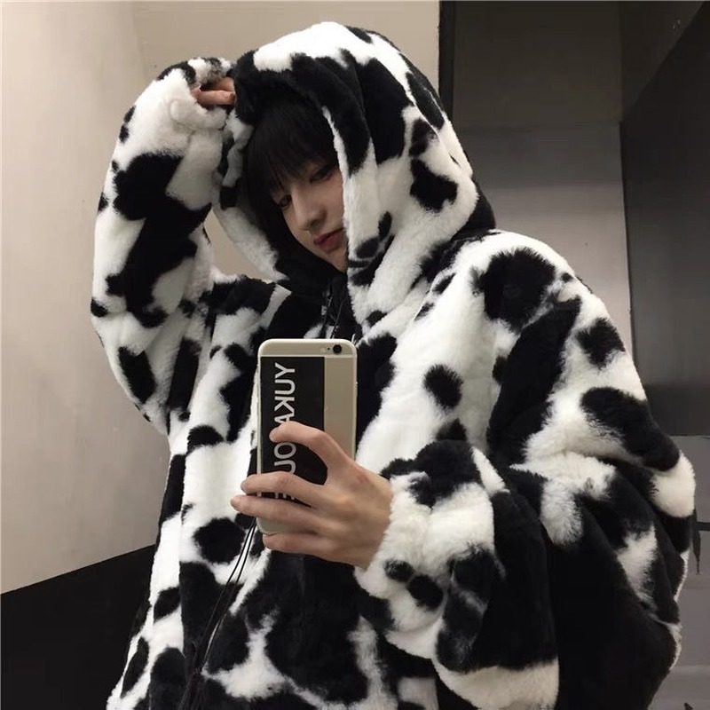 Deeptown-암소 프린트 양모 겨울 플란넬 후드 재킷 여성용, 하라주쿠 히피 지퍼, 한국 패션, 두꺼운 스웨터