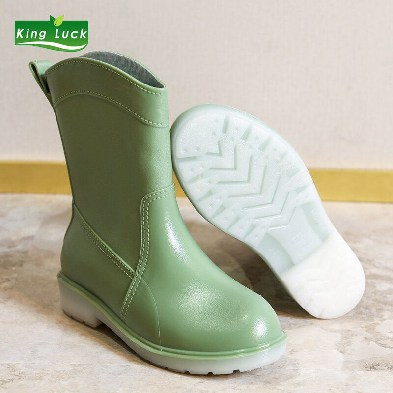 0.9kg kingluck mulher botas de chuva de borracha deslizamento-em sapatos para meninas água senhoras de plástico à prova dmid água meados de bezerro motocicleta bota feminina