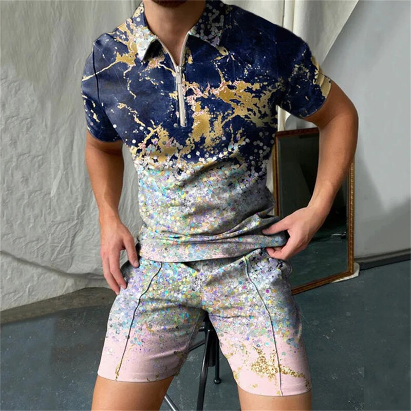 Heren Polo Pak Mode Mannen Sets Heren 3D Print Zomer V-hals Zipper Korte Mouw Polo Shirt + Shorts Twee stukken Mannen Casual Pak