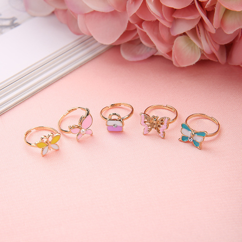 10pcs Random Kids Cute Adjustable Rings Girls Pretend Play Makeup Beauty Toys Animal Crystal Alloy Jewelry Ring Girl Toy Gift