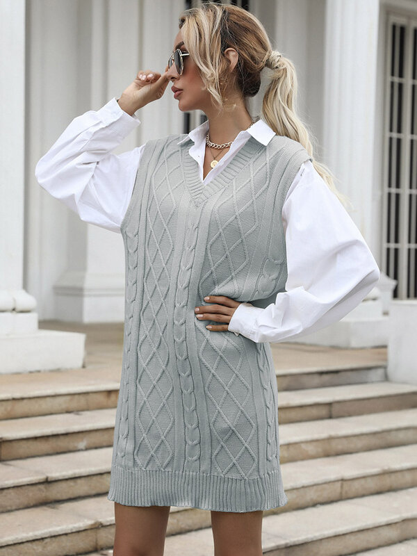 Женское вязаное платье-свитер без рукавов, с V-образным вырезом