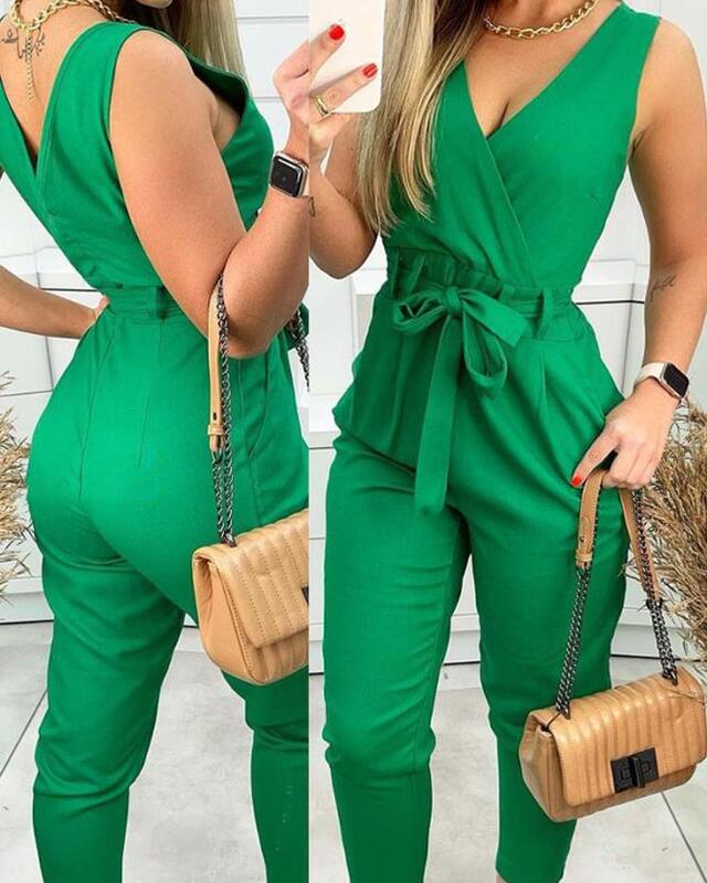 Jumpsuit Women Summer 2023 Fashion Sleeveless Pocket Detail Belted Wrap Casual Vacation V-Neck Office Lady Jumpsuit With Belt