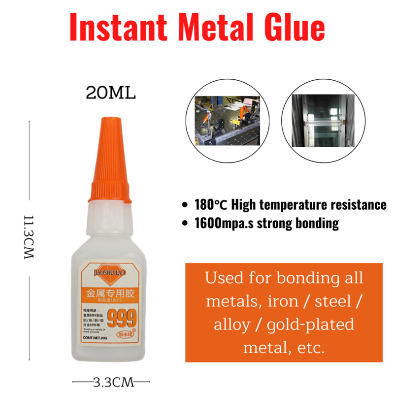 20ML Jiaoshuilao 999 180℃ High-temperature Resistance Instant Metal Glue Cast Iron Steel Aluminum Copper Sheet Zinc Alloy