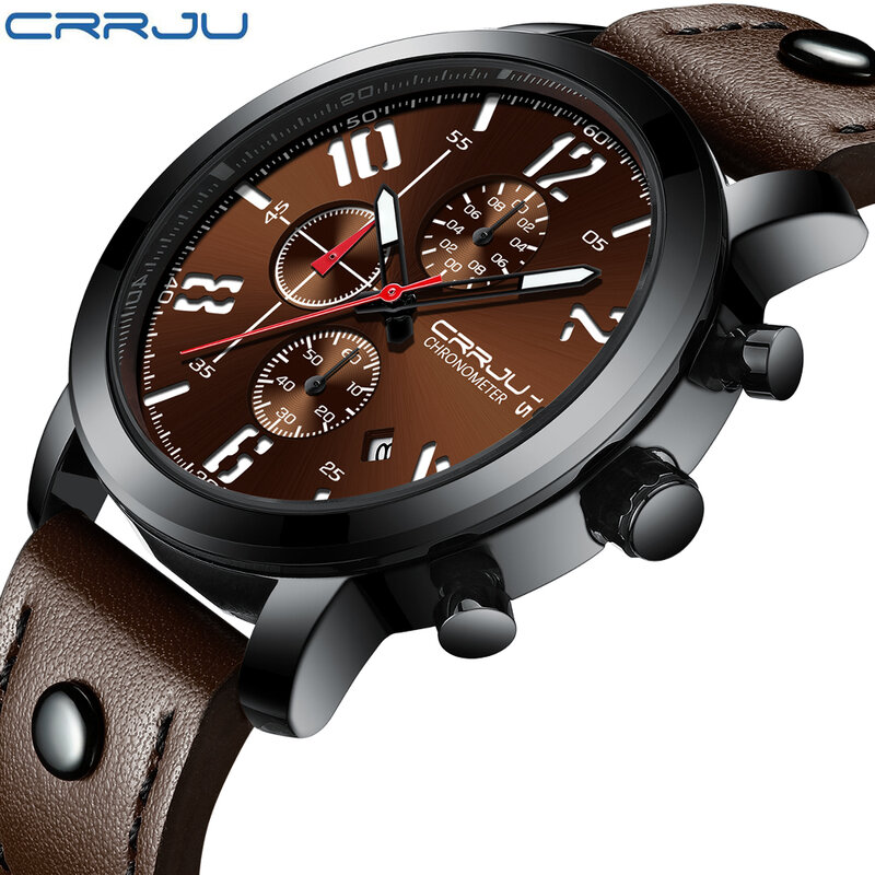 CRRJU ساعات رجالي وصفت الفاخرة حزام جلد عادية الرياضة كوارتز ساعة اليد كرونوغراف ساعة الذكور التصميم الإبداعي الهاتفي