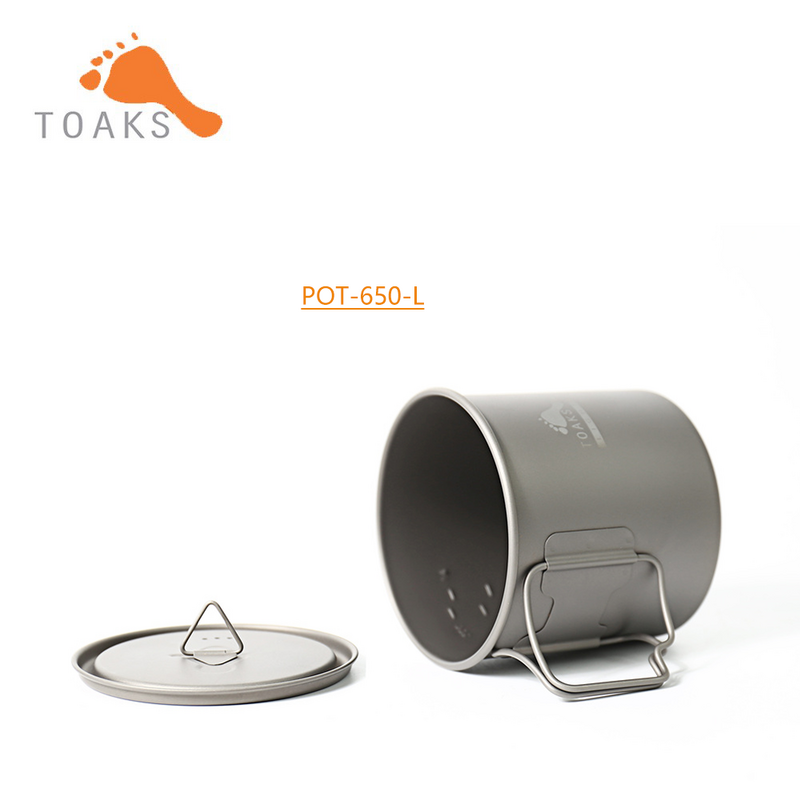 TOAKS-olla de POT-650-L de titanio puro, equipo de Camping, utensilios de cocina ultraligeros para exteriores, taza con cubierta y vajilla con mango plegable, 750