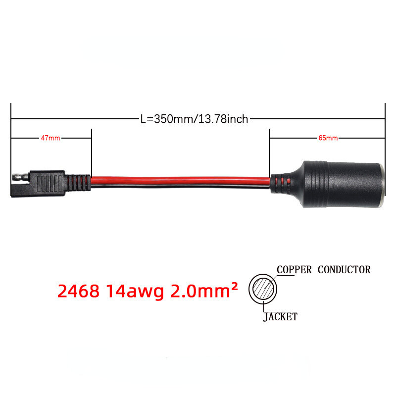 SAE do żeńskiego kabel do zapalniczki 14 AWG z SAE polaryzacji odwrotny Adapter ładowarki samochodowe zapalniczki do kabla SAE 30cm