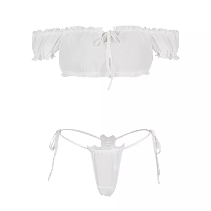 Ladies Off Shoulder Tie Front Crop Top & Thong Bikini Set Gauze Underwear Sexy Lingerie Set Push Up Bra купальники