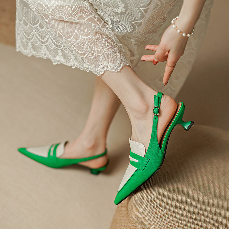 Sandalias de piel natural para mujer, zapatos sexys de cuero de vaca, punta completa, colores contrastantes, 22-2022 cm, verano, 24,5