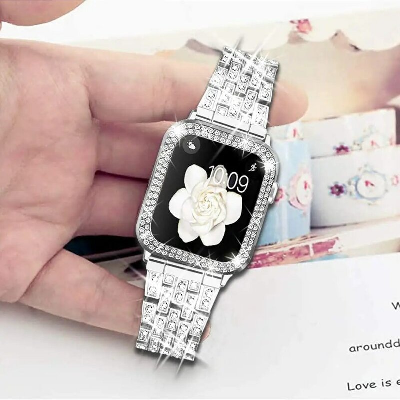 Pulseira de aço inoxidável com proteção de diamante, capinha para apple watch band 40mm 44mm 38mm 42mm, iwatch series 6 se 5 4 3 2 1, bracelete feminino