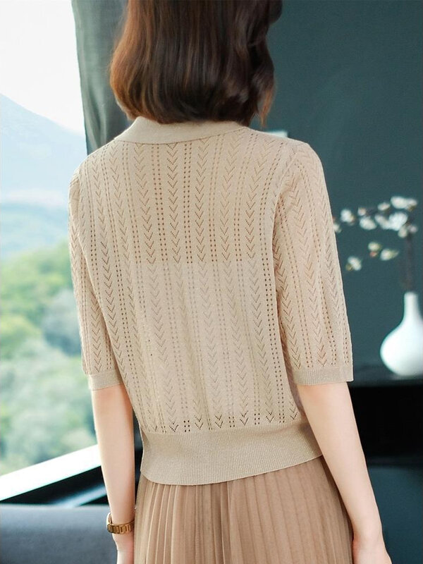 Shirts Women Hollow Out Breathable Daily All-match Summer Elegant See-through Female Trendy Crop Korean Style Knitwear Casual
