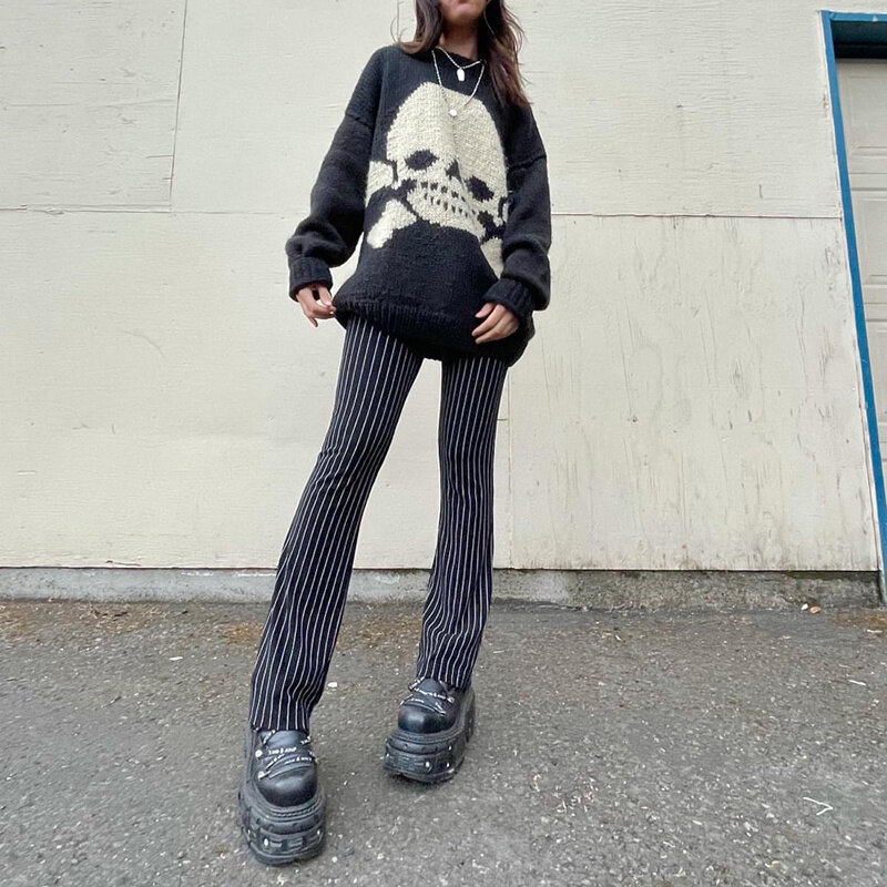 hirigin E-girl Gothic Grunge Pullovers Y2K Dark Academia Skulls Knitted Sweater Autumn Long Sleeve Loose Jumpers Streetwear 2022