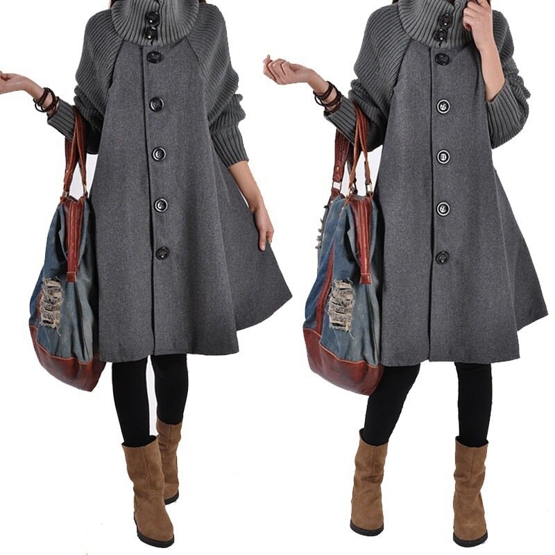Autumn Winter Women's Coat Long Loose Plus Size Cloak Female High Neck Knitted Sleeve Jackets