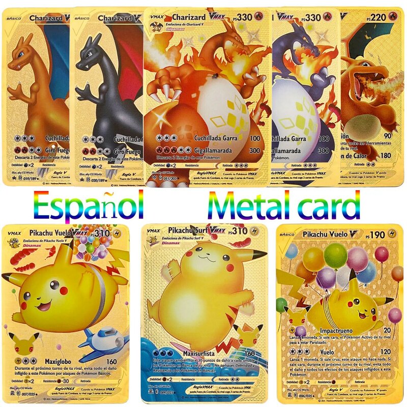 Tarjetas de Pokémon de Metal dorado en español, cartas originales de Anime Charizard Pikachu, colección de juguetes para niños, regalo de Navidad, más nuevas