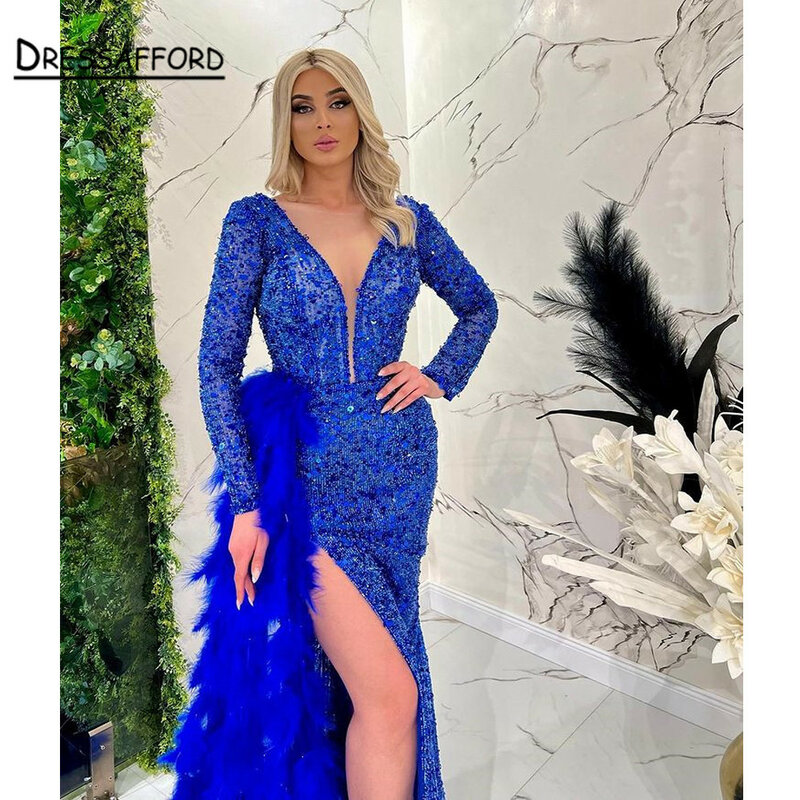 Ostrich Feathers Prom Dress Mermaid  V Neck Evening Gowns 2022 Pageant Dress Custom Made