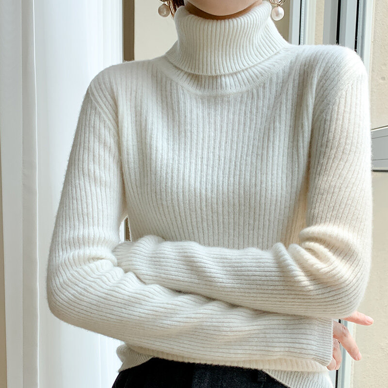 Gola de lã de malha camisa de fundo feminino de lã pura camisola de pulôver fino no outono e inverno novo acolchoado dentro