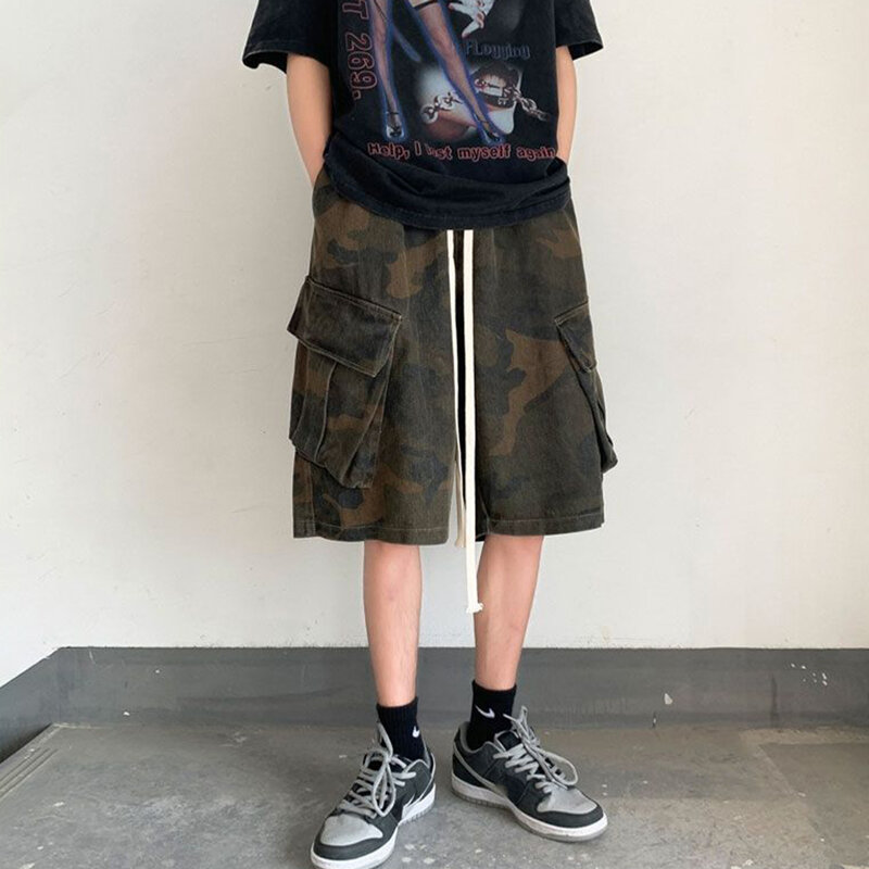 Sommer High Street Gewaschen Alte Design Overalls Shorts Männer Flut Marke Hip Hop Lose Beiläufige Elastische Taille Camouflage Cropped Hosen