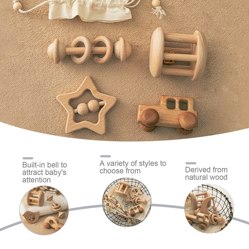 Zestaw zabawek dla dzieci Montessori naturalnie drewniane grzechotki dzwonek do łóżka noworodek ząbkowanie gryzak przedmiot edukacyjna poznawcza układanka ze zwierzętami zabawka