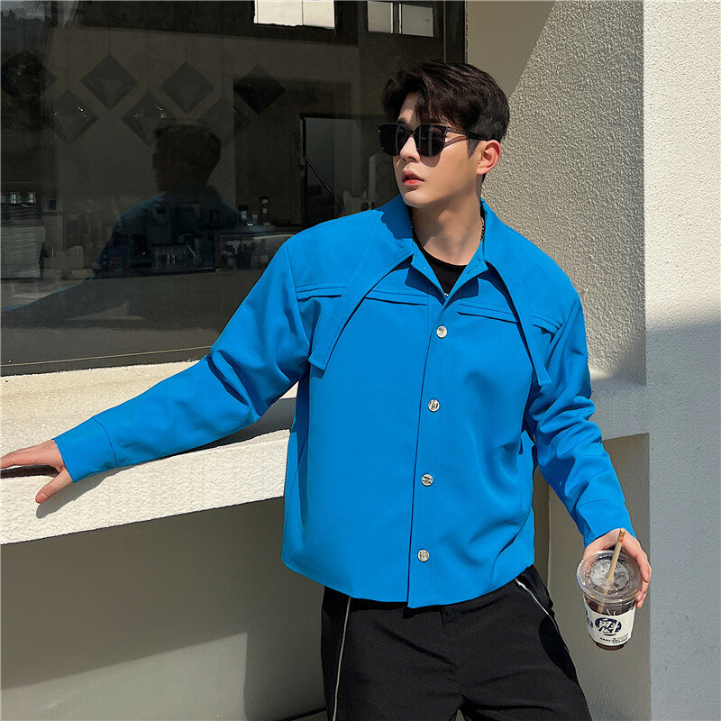Jaket Pendek untuk Pria Retro Berbentuk Dekorasi Kerah Desainer Mantel Kasual Ceruk Biru Gaya Korea Musim Gugur Tipis Pemuda Pakaian Pria