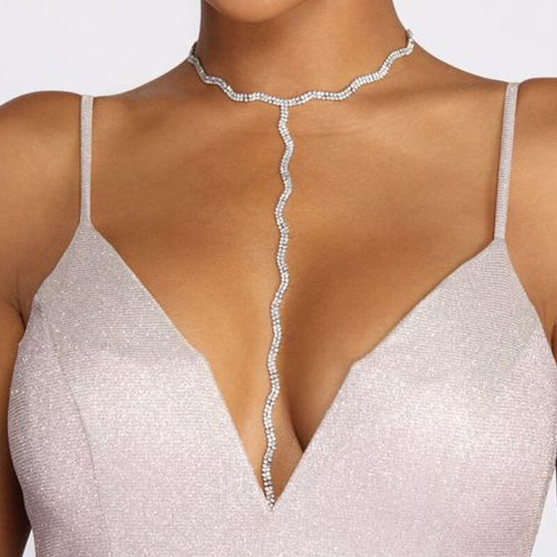 女性のためのセクシーなラインストーンビキニハーネス,胸チェーン,光沢のあるガラスのネックレス,エキゾチックなジュエリーアクセサリー