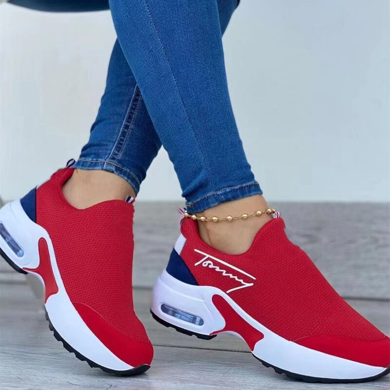 Sepatu Wedges wanita, sneaker divulkanisir warna Solid datar sepatu wanita kasual bernapas Wedges sepatu jalan