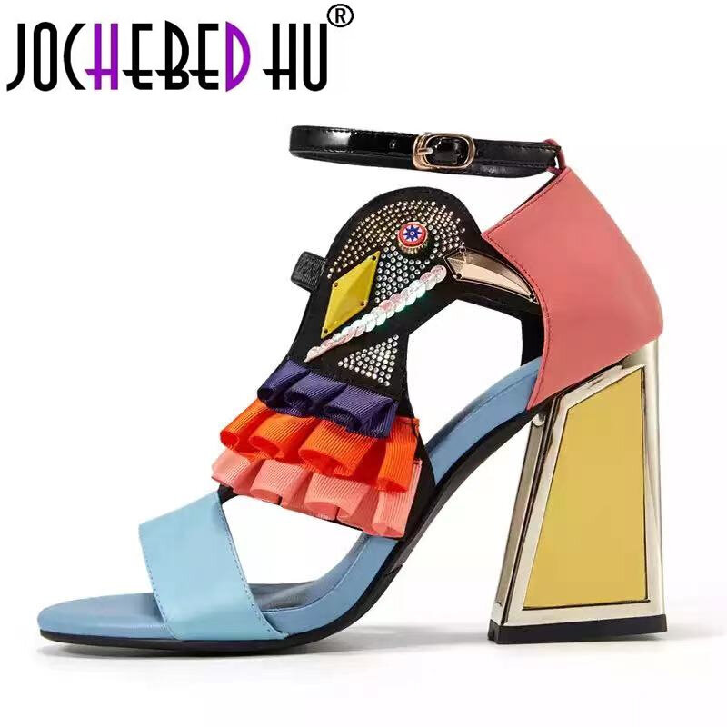 【JOCHEBED HU】New Designer High Heel Shoes Women Summer Sandals Ruffles Bird Decor Party Rhinestone Chunky Novelty 33-44