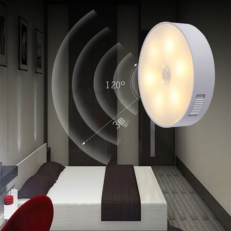 Luz nocturna con Sensor de movimiento, lámpara de inducción redonda con carga USB, dos colores, inalámbrica, para armario
