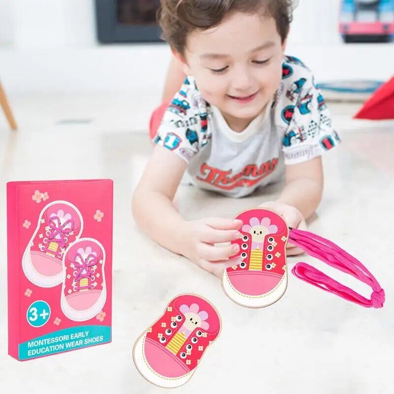 Wooden Shoe Tying Board Learn To Tie Laces Threading Educational Motor Skills Toys Practice Tying Shoelaces Board Montessori Toy
