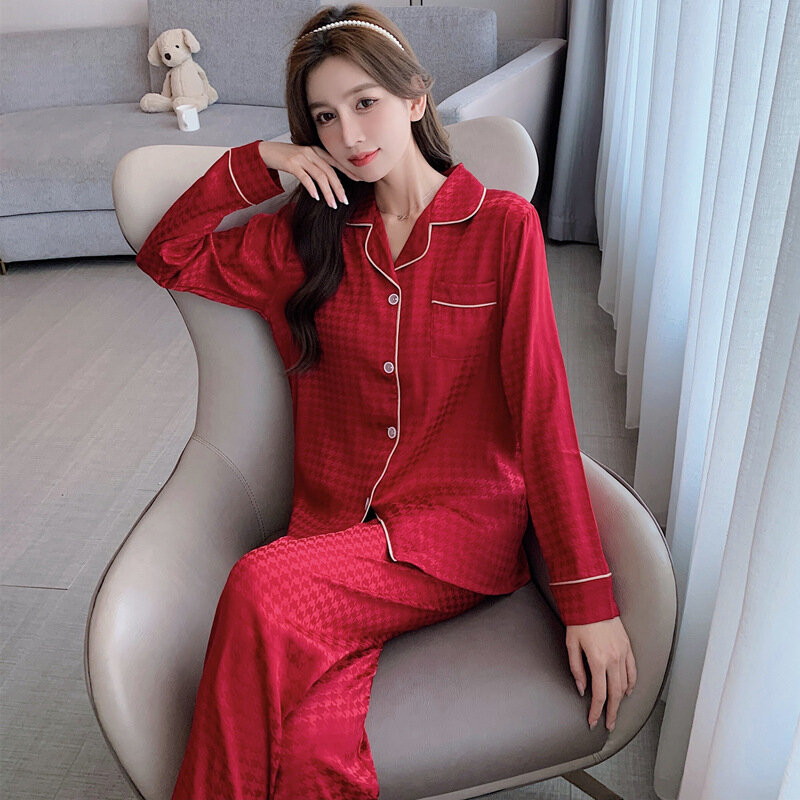 Ice Silk Pajamas Women Fashion Long Sleeve Pants Two Piece Set Women Luxury Casual Loose Lapel Sexy Homewear Set Plus Size 5XL