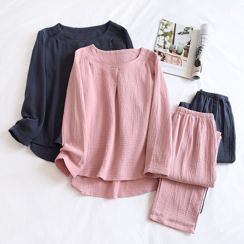Pijamas Set Women Cotton Pullover Double Gauze Spring/Autumn Thin Collarless Long Sleeve Trousers Korean Crepe Home Clothes Suit