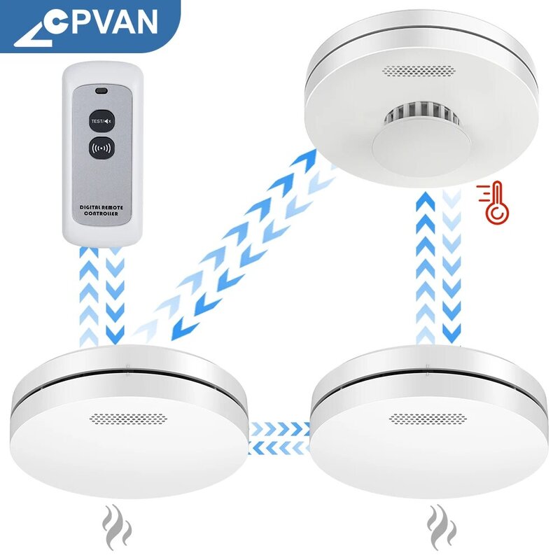 CPVAN-Detector de humo y calor interconectado, sistema de alarma contra incendios conectable inalámbrico de 433MHZ con control remoto, 10 años de vida