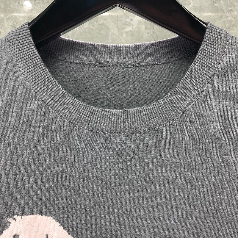 TB THOM 반팔 티셔츠, 유니섹스 패션 브랜드 의류, 강아지 디자인 자수, 4 줄 스트라이프, TB 맨투맨, 여름