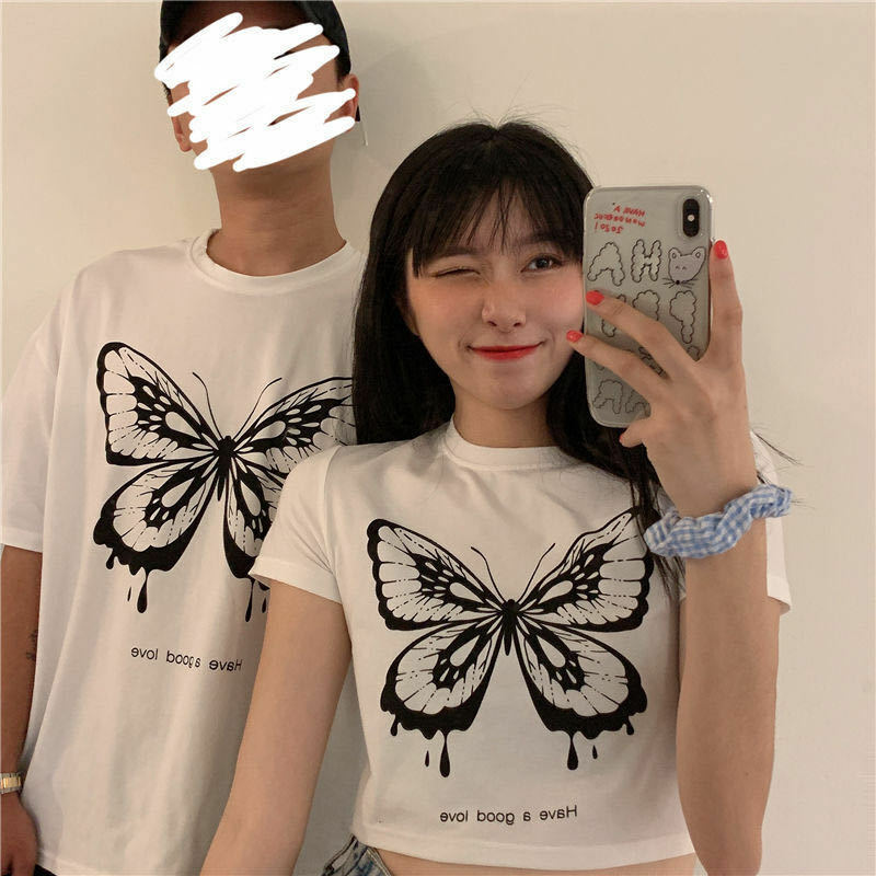 Y2k Harajuku Tee lato ins amerykański Retro para bluzki Unisex wzór motyl drukowanie z krótkim rękawem Gothic Streetwear T-shirt