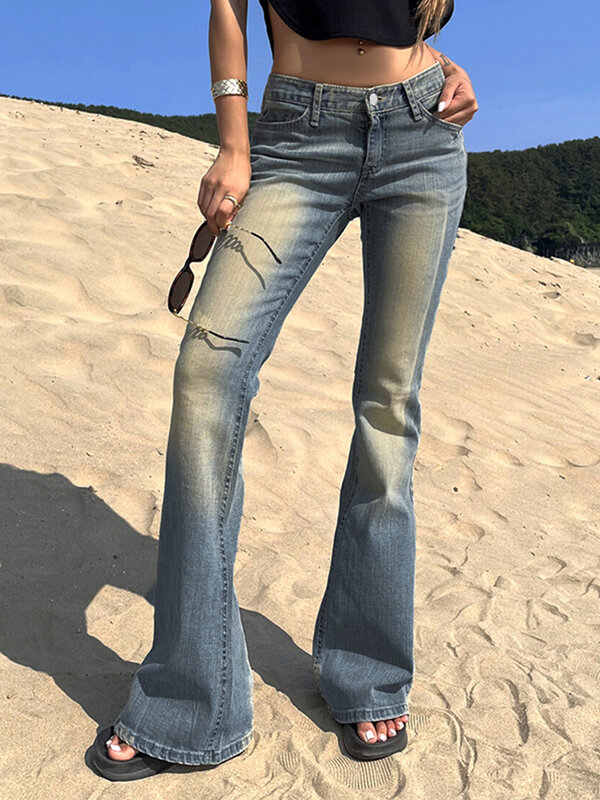Jean Vintage coupe ajustée pour femmes, Streetwear Y2K, mode, Sexy, taille basse, Slim, extensible, délavé, Denim, pantalon évasé