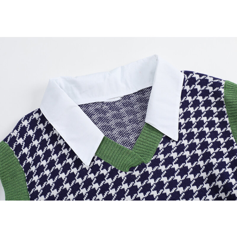 Suéter de punto a cuadros para mujer, blusa con cuello en V a rayas verdes, nuevo diseño de costura falsa de dos piezas, manga abullonada, primavera y otoño