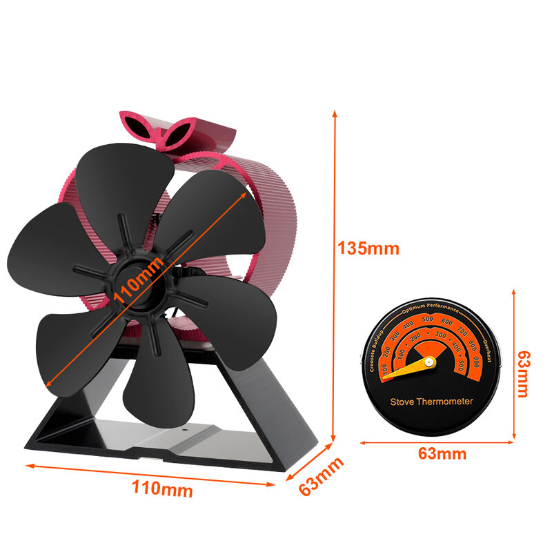 Ventilateur de cheminée noir Style pomme à 6 feuilles, puissance thermique, brûleur à bois écologique et silencieux, Dissipation thermique efficace de la chaleur