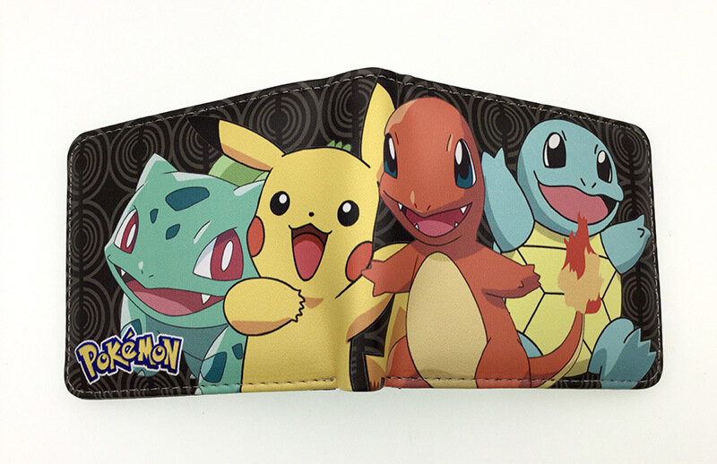 Pokémon dos desenhos animados em torno curto carteira pikachu duas vezes couro do plutônio das crianças estudante moeda bolsa simples mini carteira presente