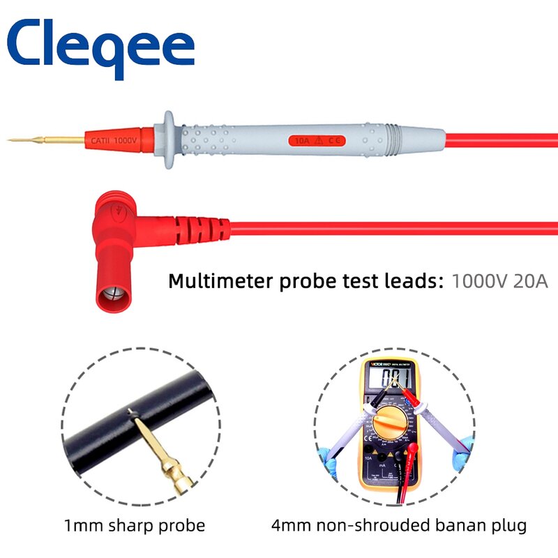 Cleqee – Kit de fils de Test de sonde multimètre 1506, fiche banane de 4mm vers une aiguille pointue de 1mm, pour test électrique, 1000V 10a