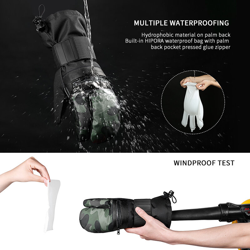 VXW Ski Gloves Camouflage Leather Women Men Waterproof Thermal Insulated ThreeFinger Zipper 3MThinsulate Snowboard Accessories