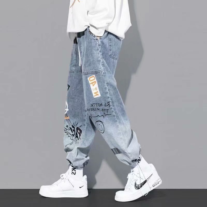 Męskie jeansy letnie luźne nadrukowane litery dżinsy Streetwear dżinsy hip-hopowe męskie sznurowane spodnie jeansowe w połowie talii spodnie z prostymi nogawkami