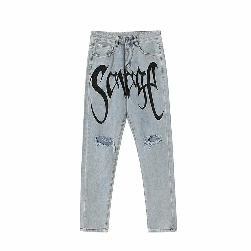 Hip-hop high street ripped embroidered letter jeans for men and women summer thin section tide brand straight loose trousers