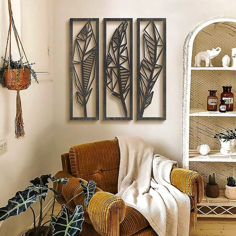 Cuadro de plumas de 3 piezas, decoración artística de pared de Metal para Interior de dormitorio y sala de estar, diseño especial decorativo, nuevo modelo sólido
