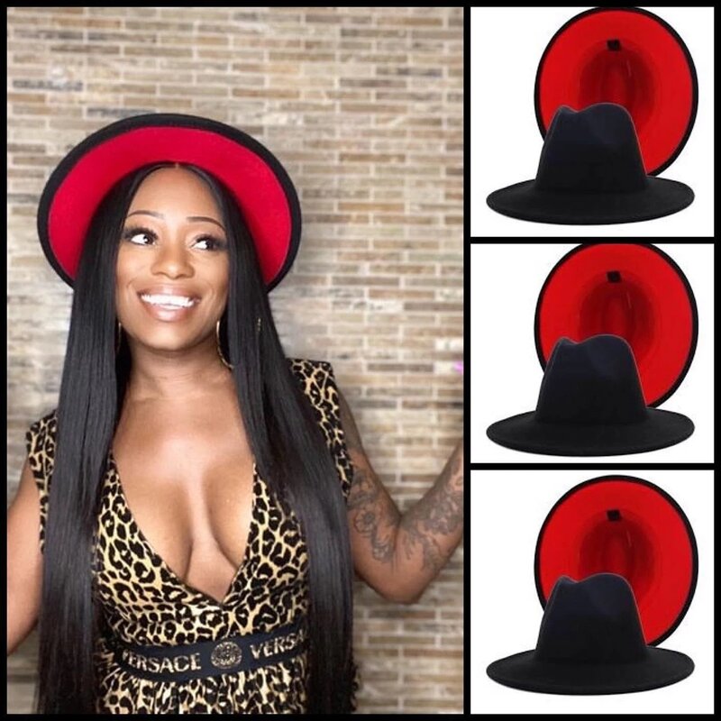 QIUBOSS Black Red Patchwork Wool Felt Jazz Fedora Hats Belt Buckle Decor Women Unisex Wide Brim Panama Party Trilby Cowboy Cap