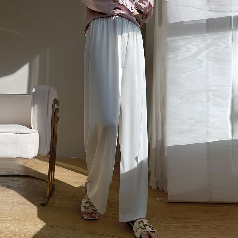 Biały kwas octowy satynowe spodnie szerokie nogawki dla kobiet wiosną i latem cienkie 2023 nowe wysokiej talii i luźne proste lodowy jedwab spodnie